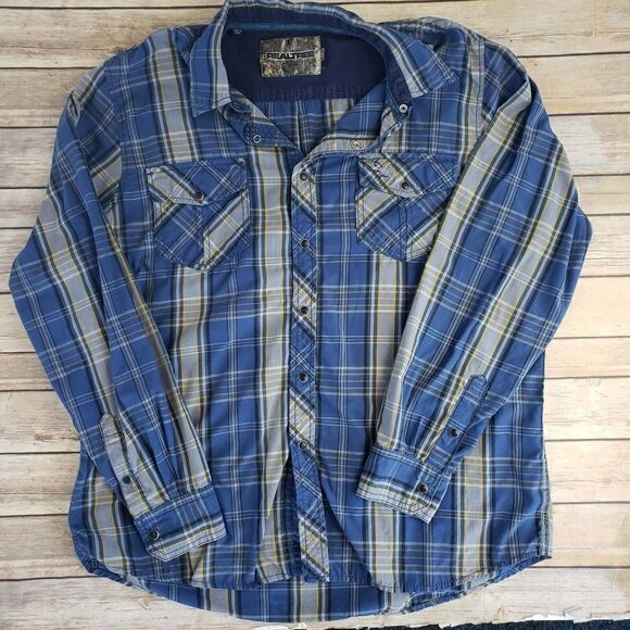 Realtree Blue Plaid Mens Large Snap Button Up Shirt Long Sleeve - Picture 1 of 8